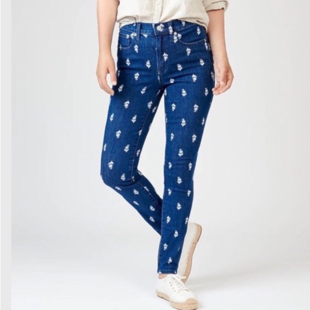 J. Crew mid Rise Dark Wash Floral Print Toothpick Jeans
